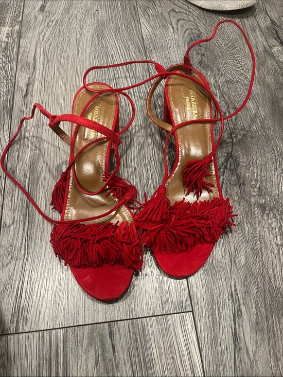 Aquazzura Shoes - Red Fringe Lace-Up Women's Sandals Wild Suede Red block heel size 38 Aquuazzura